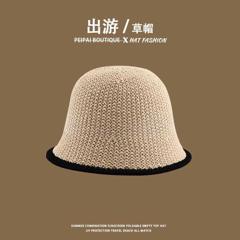 Women's Straw Hat Woven Sunshade Beach Hat Summer Hollow Breathable Bucket Hat Beach Sunshade Hat