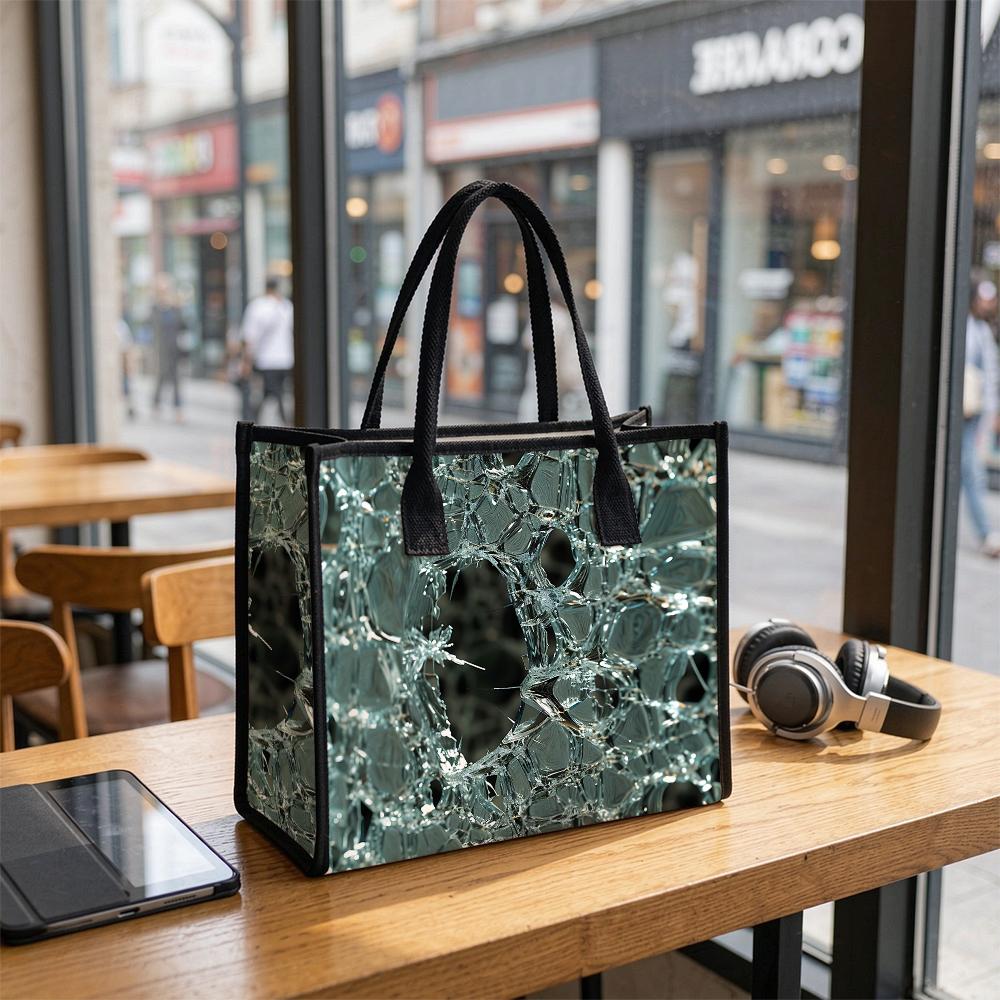 Trendy Cracked Glass Print Tote Bag Large Capacity Durable Daily Shoulder Bag for Outdoor Commute Shopping
