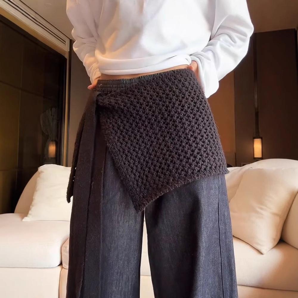 Women's 2025 Summer Black Lace-up Knit Mini Skirt with Hollow-out Design