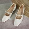 Fu Size, Thick Heel Single Shoes Women's New Spring Shoes Pearl Belt Belt Satin Square Head Low Heel Casual Women's Shoes