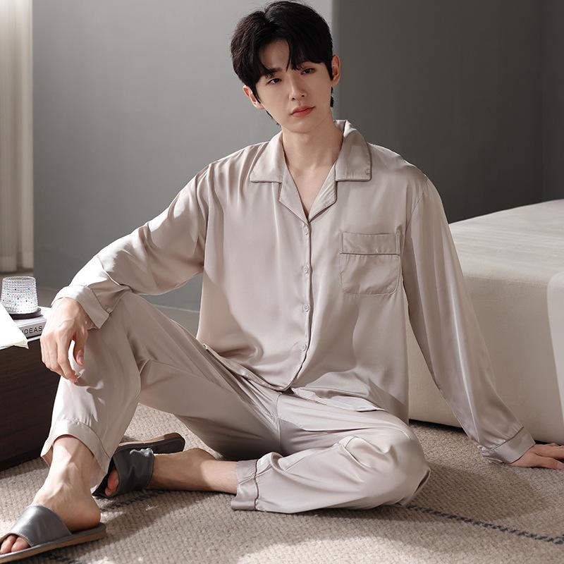 Ice Silk Pajamas Men'S Spring And Autumn Silk Summer Loungewear Long-Sleeved Men'S Striped Autumn Four-Season Large-Size Suit