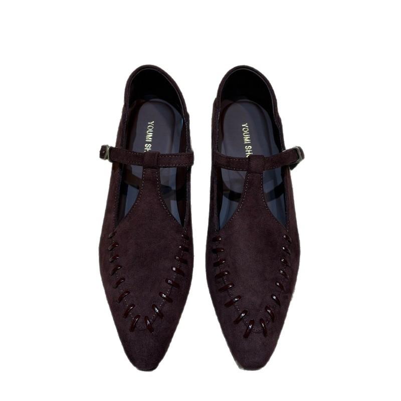 Retro spitze Mary Jane Schuhe Damen 2025 Herbst neu vielseitig weiche Sohle Wildleder niedriger Absatz spitz einzelne Schuhe Slipper