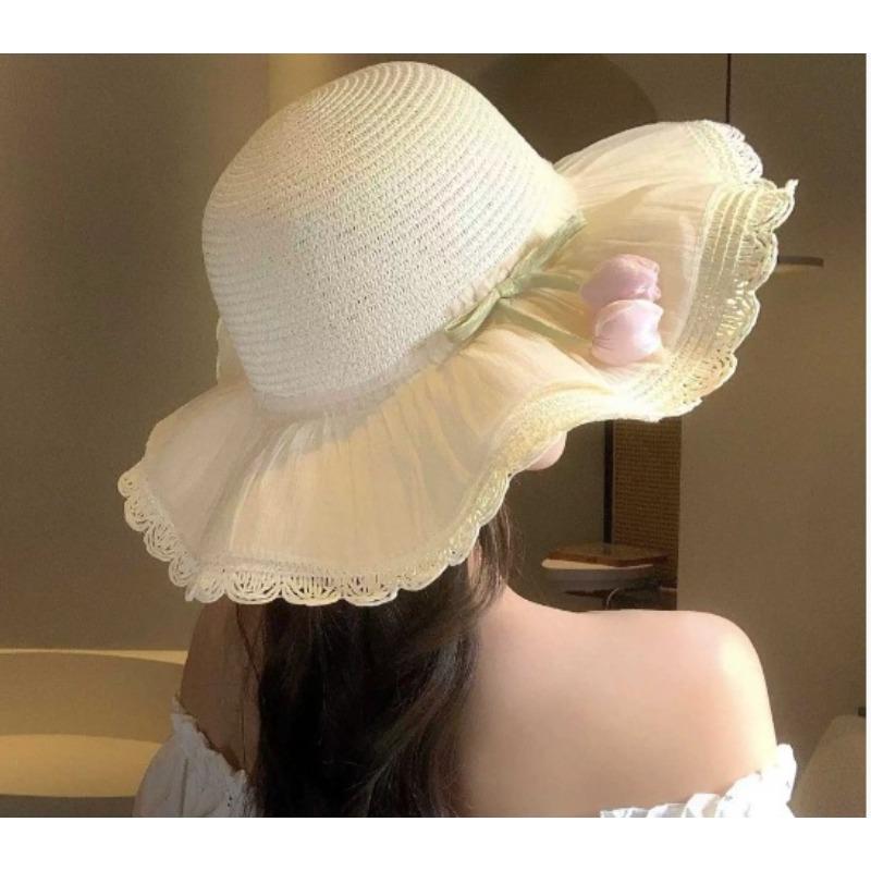 Big Brim Sun Hat Seaside Beach Idyllic Forest Bow Streamer Straw Hat Female Summer Flower Tulip