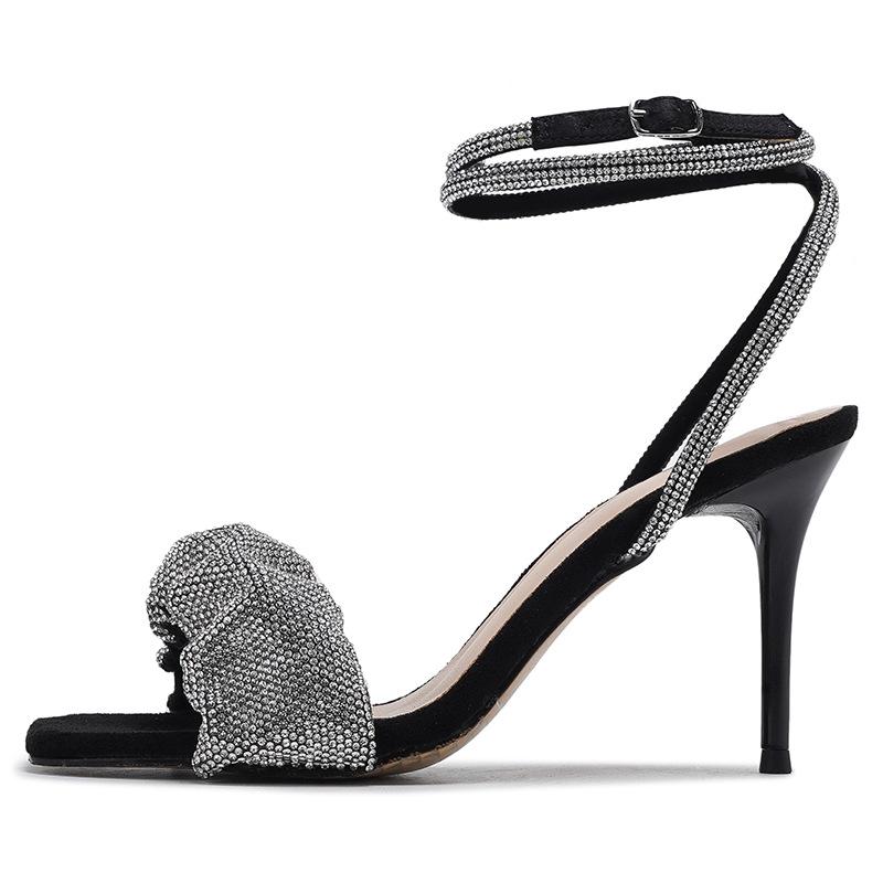 Black Open-toed One-word with Rhinestone High Heels for Women 2025 New Stiletto French Design Sense Niche Sandals for Women