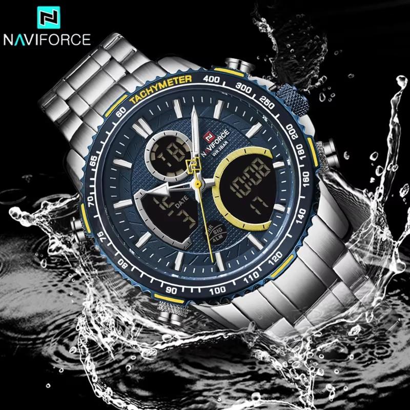 NAVIFORCE 9182 Montre à Quartz pour Homme d'Affaires Montre Numérique LED Lumineuse Montre de Luxe à Double Affichage pour Homme Acier Inoxydable Reloj