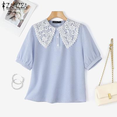 Damen Sommer Spitzen Revers Kurzarm Gestreifte Hemden