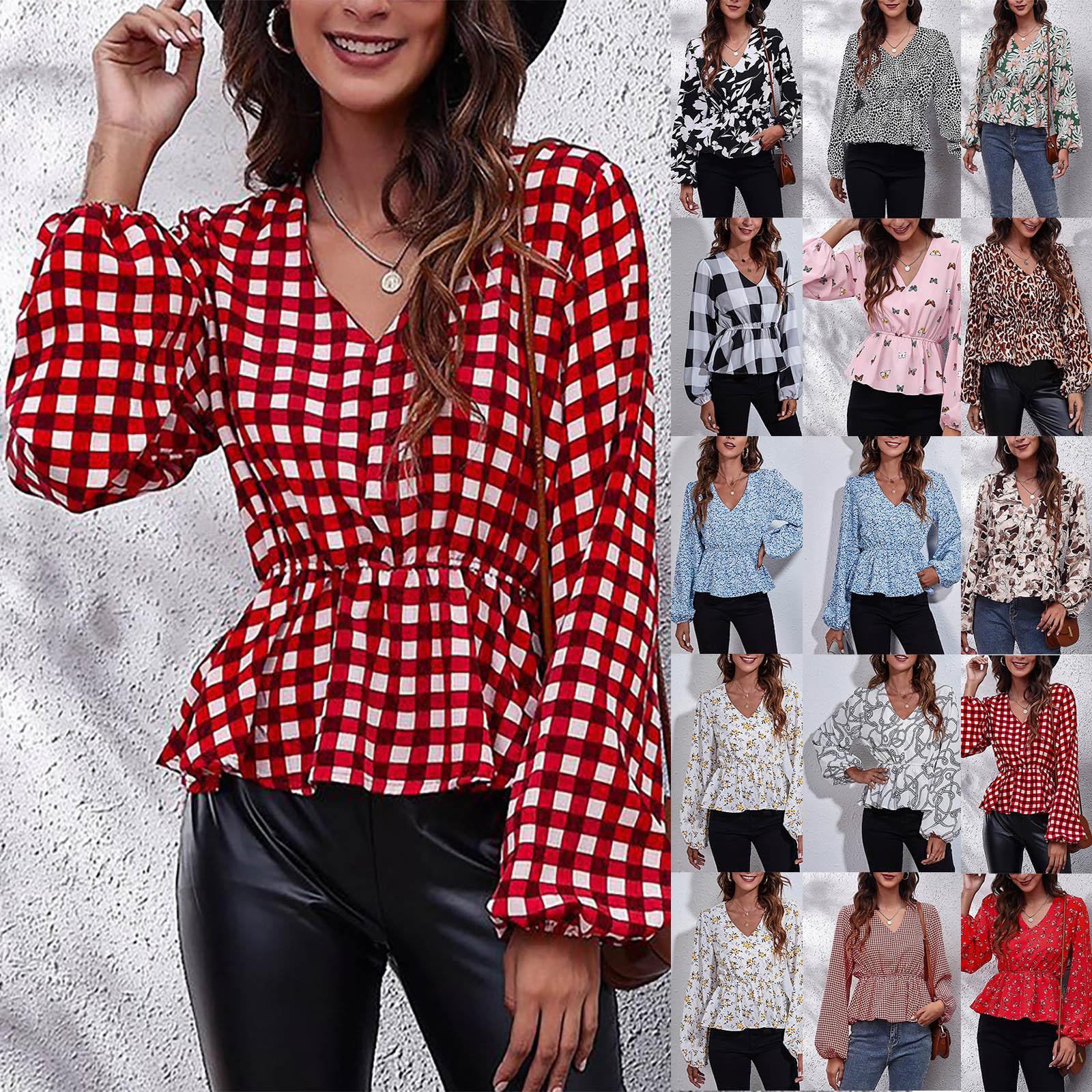 

Woman s Fashion Casual Printed Waistband V-Neck Sleeve Chiffon Shirt Top