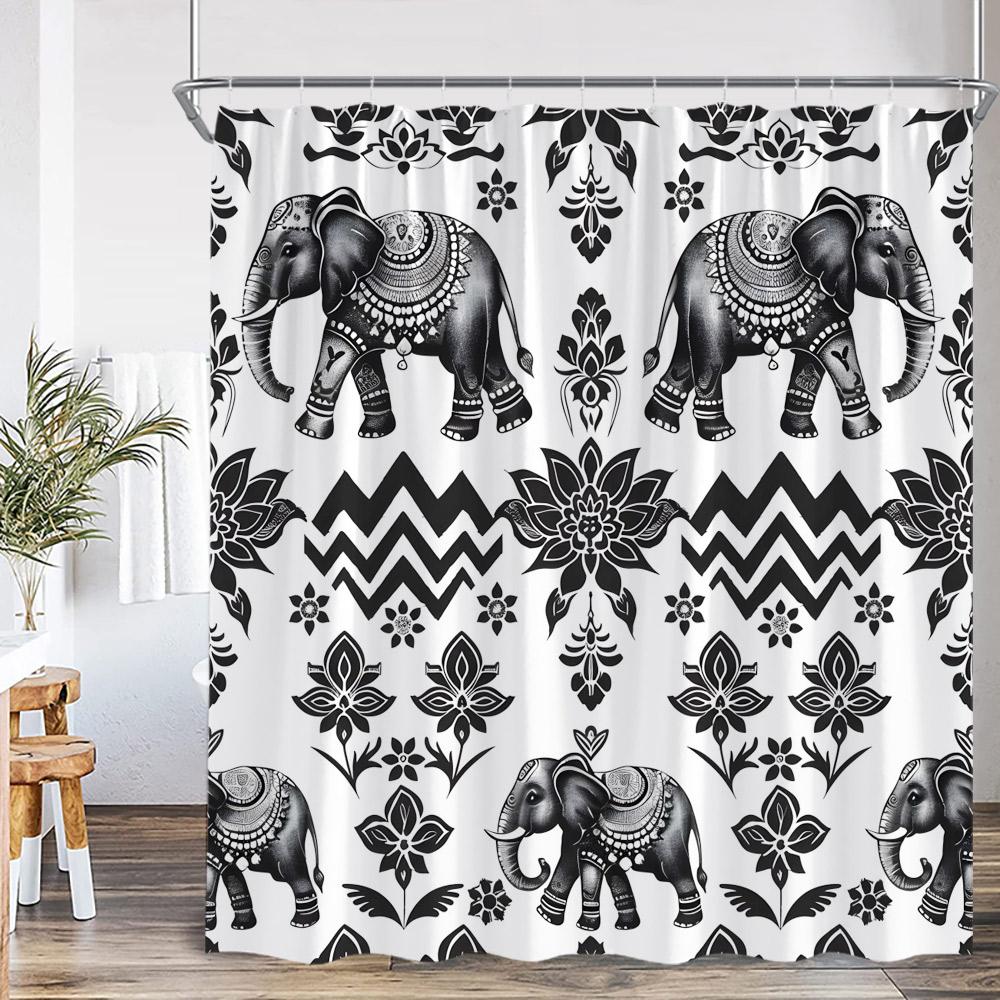 Elephant Boho Shower Curtain Mandala Colorful Flower Doodle Wild Animal Art Bathroom Decior Ethnic Indian Bath Curtain with Hook