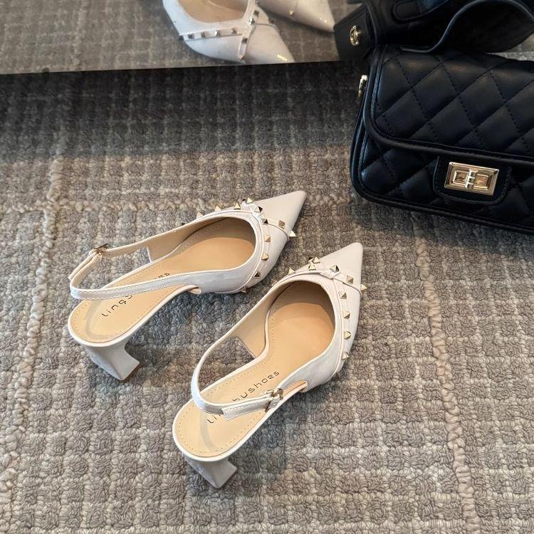 2025 new bag head thick heel female rivet French fairy style single shoes pointed patent leather not tired feet fashion sandals