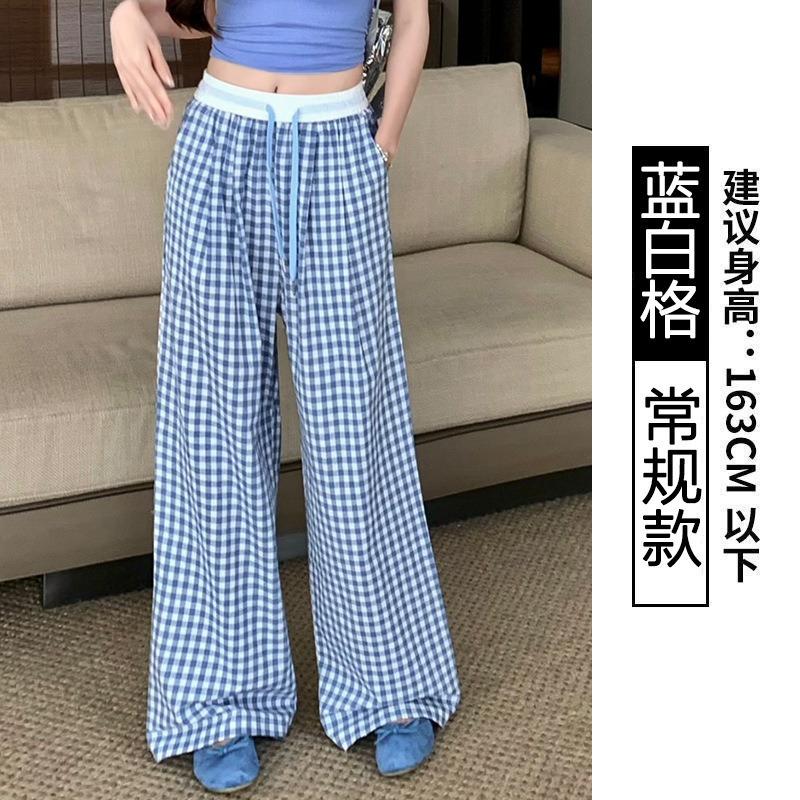 Damen Sommer dünnes Design bequeme Hose locker lässig gerade Fallende Hose rosa kariert weites Bein