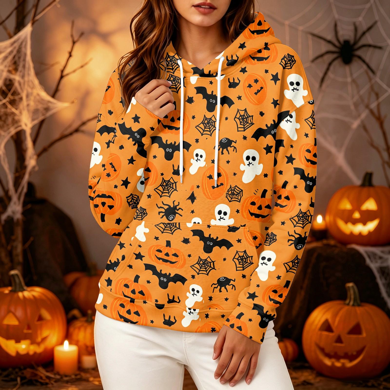 Women s fashion long-sleeved Halloween printed hooded sweater top M