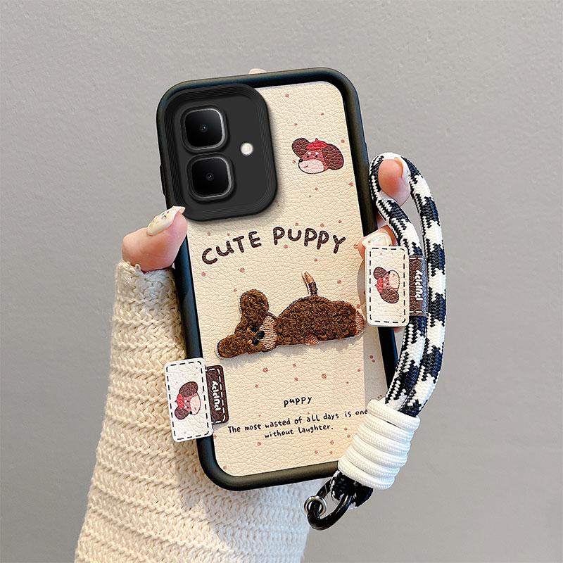 KEYSION Cartoon Cute Plush Embroidery Case for Infinix Smart 10 with Lanyard Silicone Shockproof Phone Cover for Infinix Smart 10