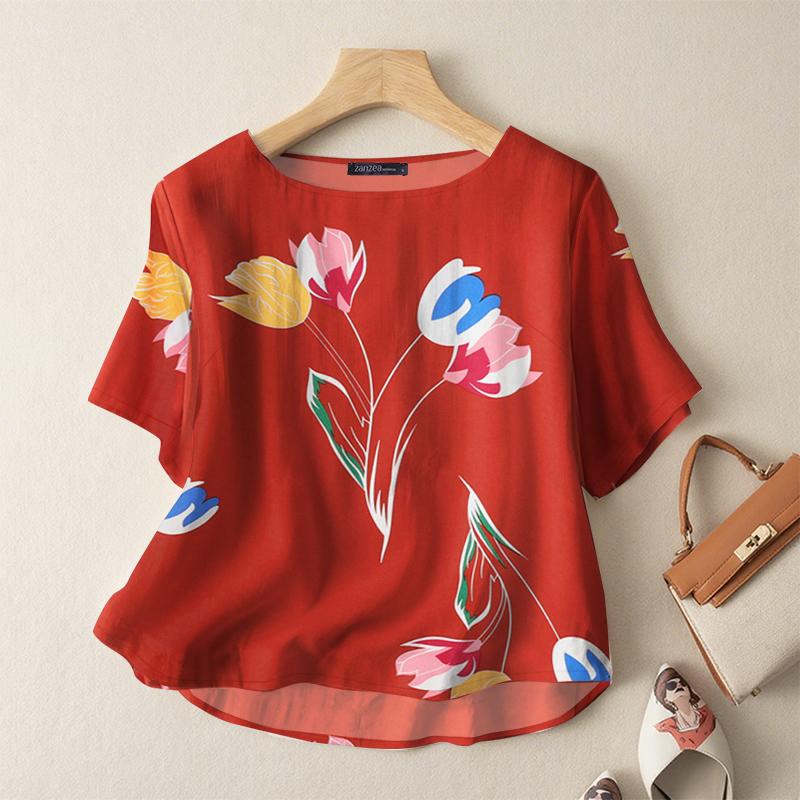 

ZANZEA Женская повседневная блузка с круглым вырезом, цветочным принтом и коротким рукавом 5XL красный