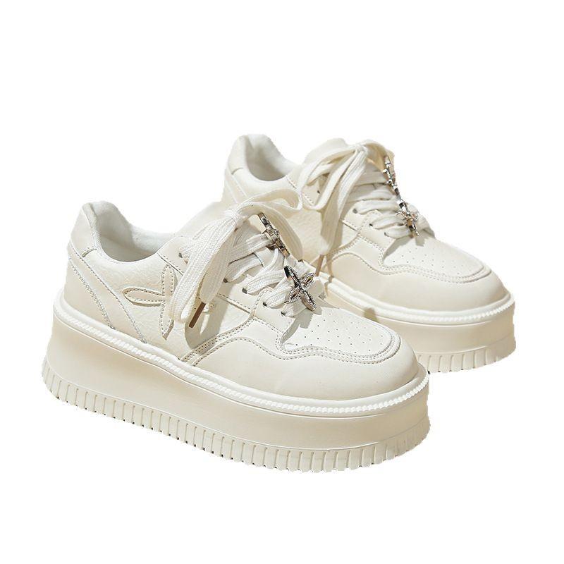 2025 spring new thick-soled leather muffin shoes women's 6cm small rhinestone fashion versatile pearlescent whiteboard shoes