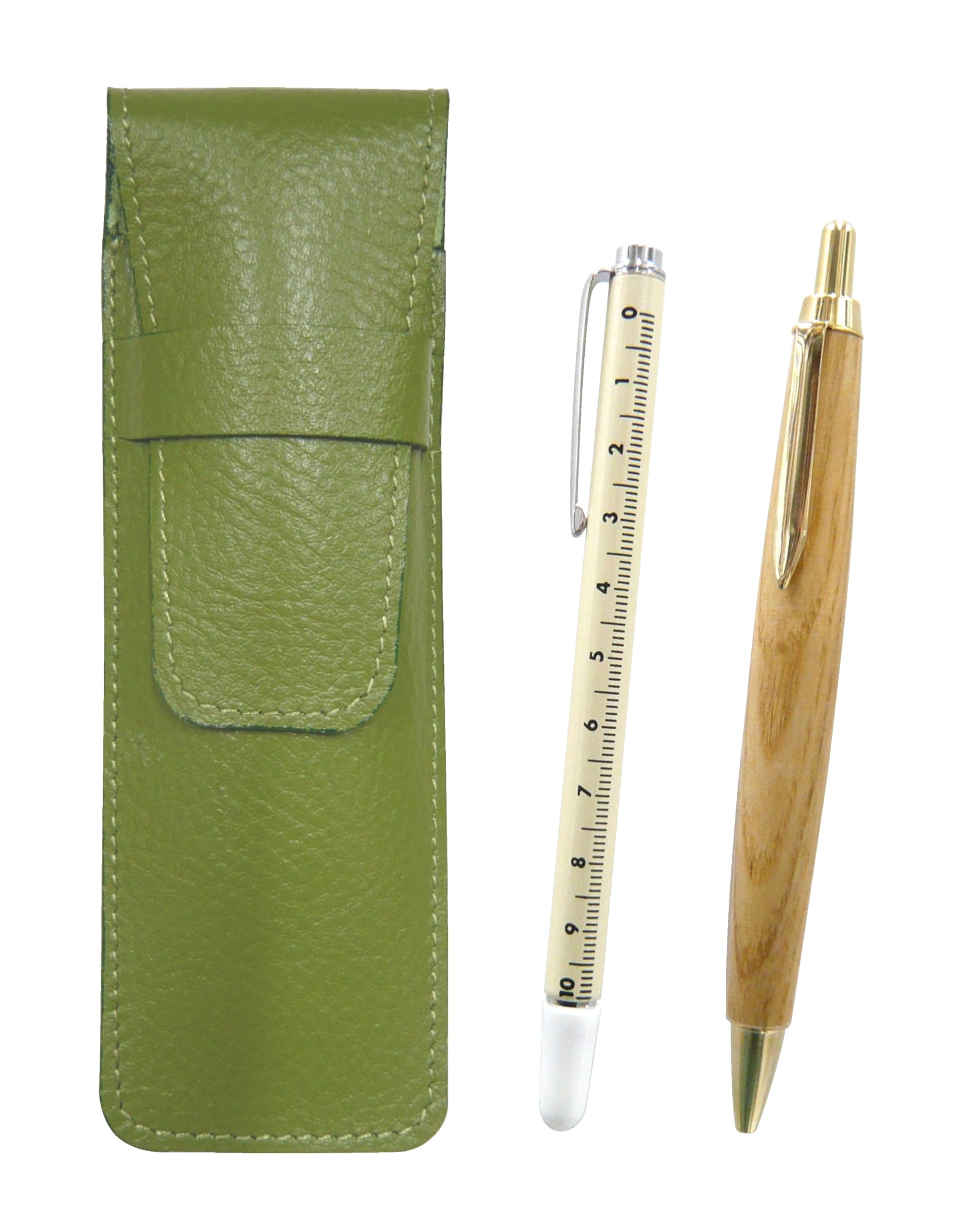 

grained leather pencil case in light green with slide measuring stick and retro maple ballpoint pen set 2-pack SASKI-708W-HS47S-2