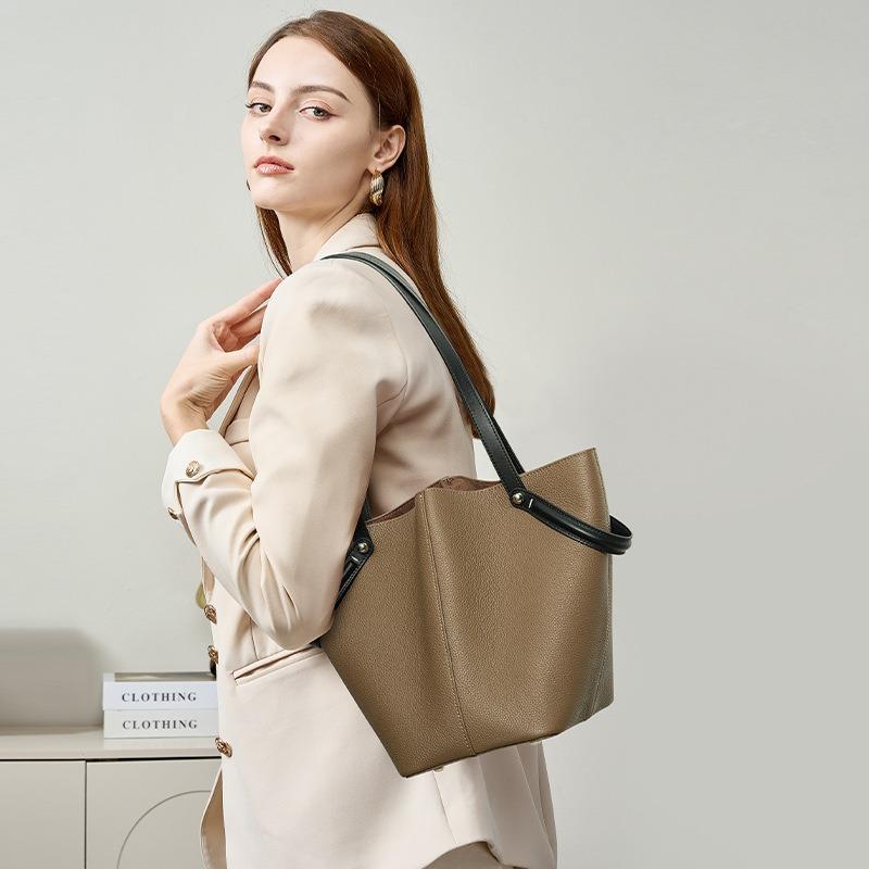 First Layer Cowhide Vegetable Basket Bag, Genuine Leather Messenger Summer Women's Bucket Bag, Office Worker Niche High-end Handbag