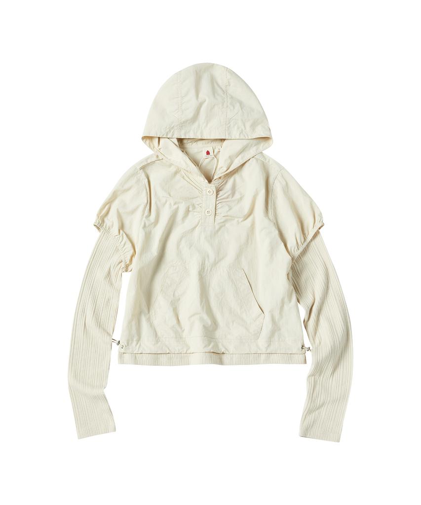 W Puff Sleeves Layered Hoodie [Cream]