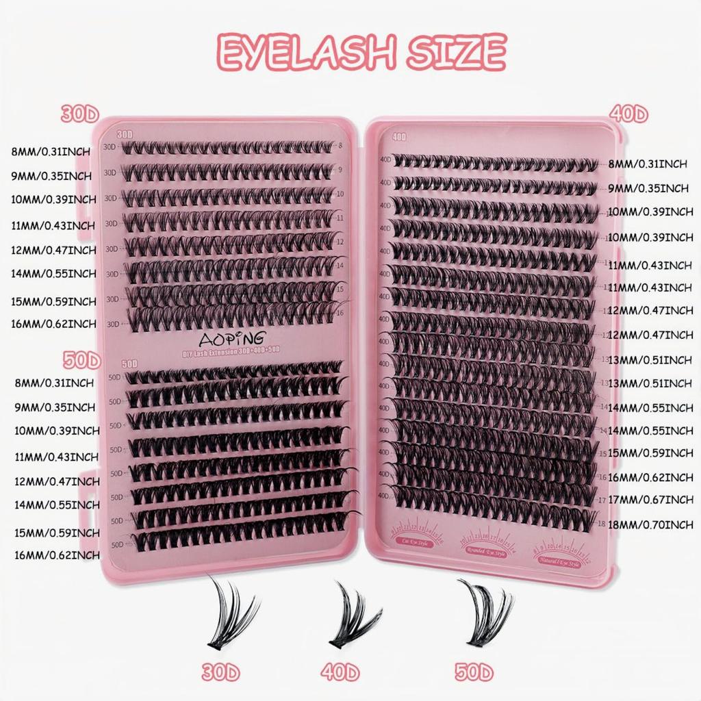 Sada na prodlužování řas 640 ks Trsy umělých řas 30D+40D+50D, DIY sada jednotlivých řas 8-18 mm s nástroji na řasy