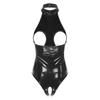 Womens Sexy Cutout Patent Leather Bodysuit Halter Neck Backless Crotchless One Piece Clubwear Bodysuit