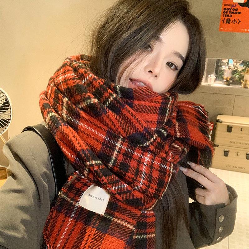 

Большая версия нового модного клетчатого шарфа с бахромой, женский зимний теплый длинный рождественский шарф красный