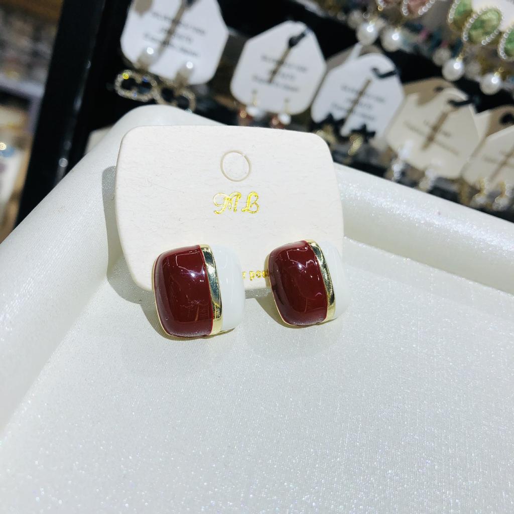 Vintage Wine Red White Mix Color Enamel Metal Geometry Square Stud Earrings for Women Girls Party Jewelry Gift