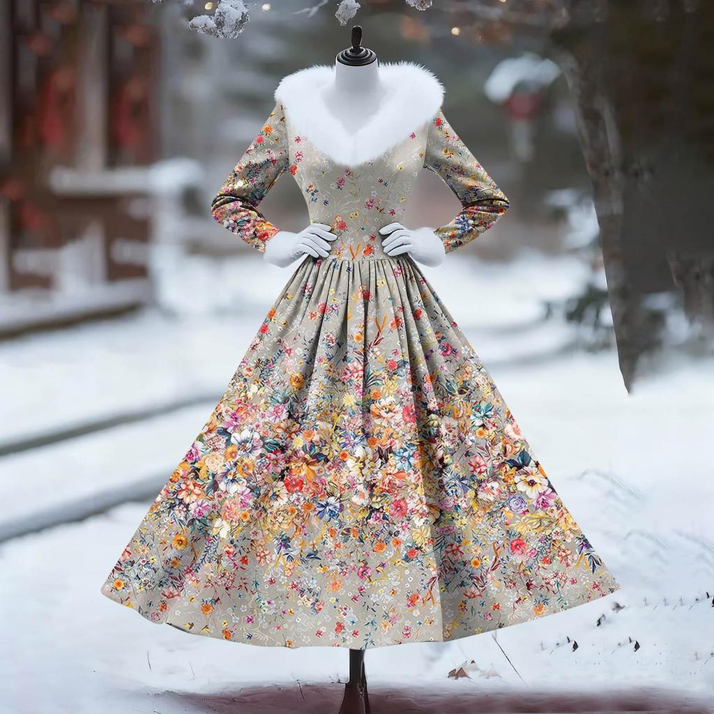 Women's Casual Dress Long-Sleeve V-Neck Patchwork Fleece Christmas Print Dress