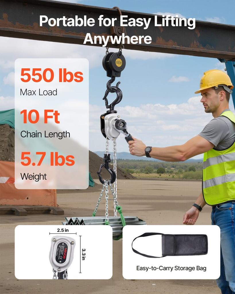 Manual Lever Chain Hoist, 1/4T 250KG Capacity Heavy Duty Come Along, 3M Lift G80 Alloy Steel Chain With Dual Pawl Mechanical Brake, 360° Rotating