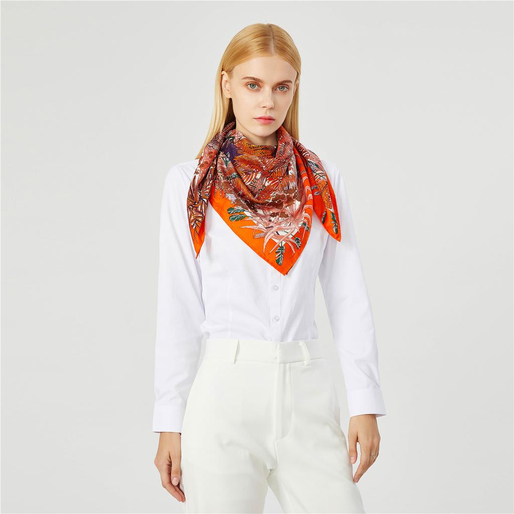 90cm "Palaces in the jungle" Luxury Brand Scarf Women Bandana Handmade Curled Twill Silk Square Hijab Scarf Foulard Head Scarves
