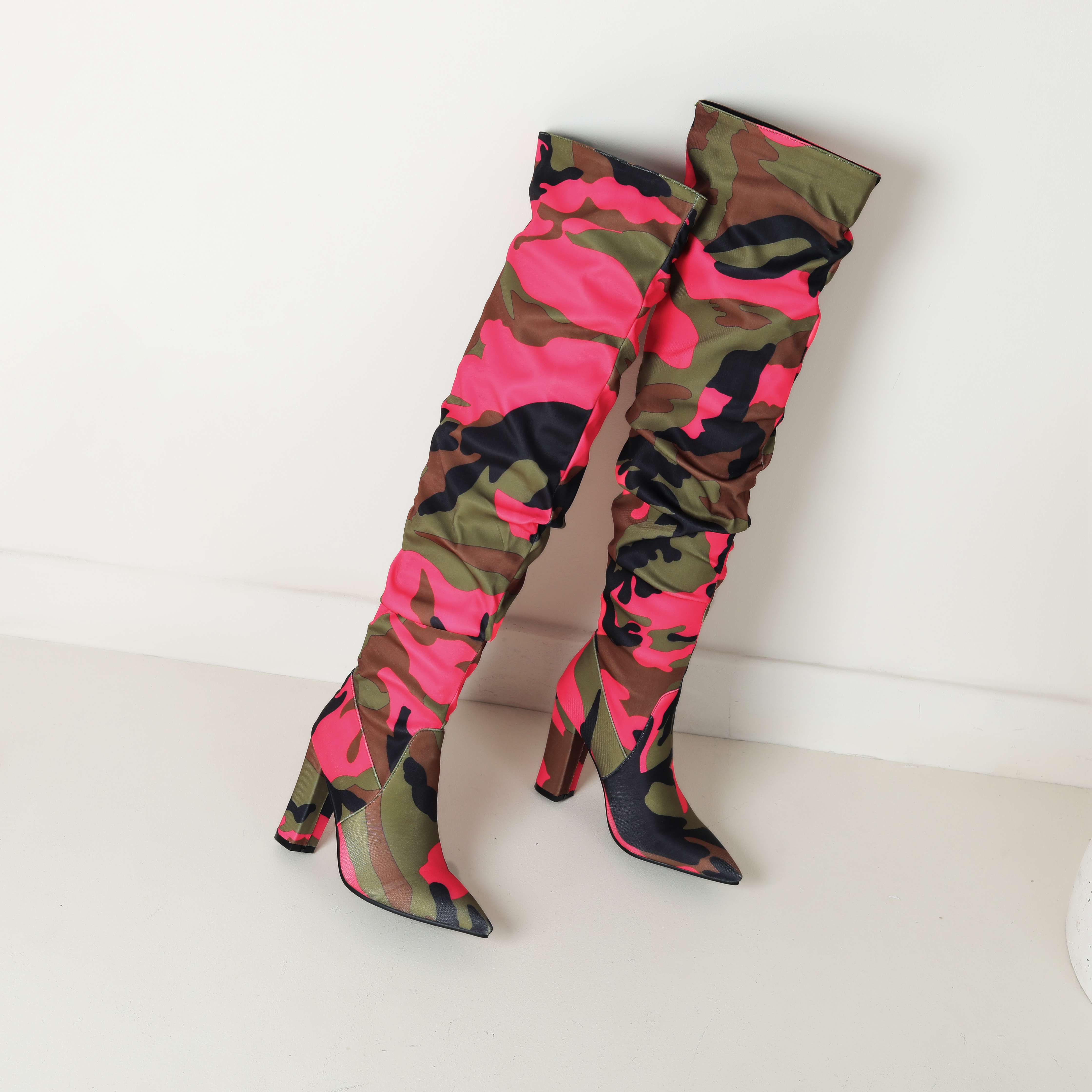 Туфли Lenkisen из ткани с камуфляжным узором, осенне-зимние, на очень тонком каблуке, плиссированные ботинки, европейские теплые сапоги выше колена 34 розовый