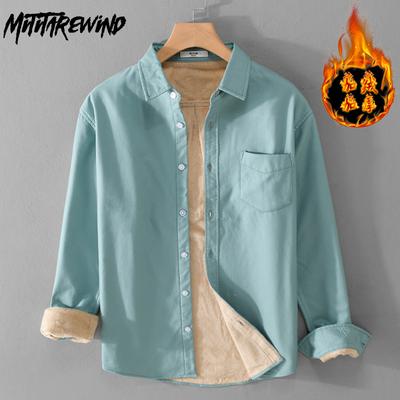 Winter Warm Men Clothing Daily Casual Thicken Long Sleeve Oxford Men Shirt Lapel Collar Solid Color Fleece Shirt Simple Style