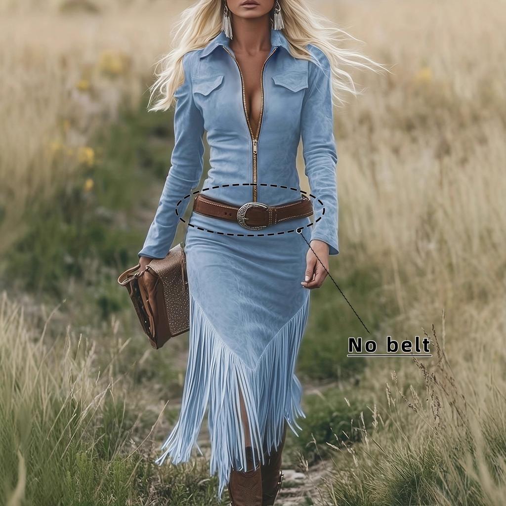 Light Blue Fringe Hem Long Sleeve Denim Dress