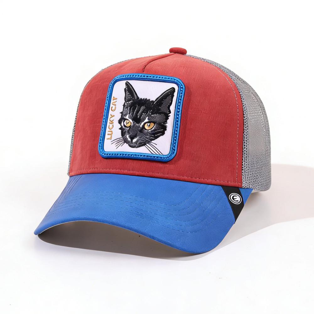 

1PC Mesh Trucker Hat, Breathable, Embroidered Lucky Cat Patch, Color Block Streetwear красный