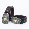 Western Bull Head Belt with Smooth Buckle - Patterned Cowhide Leather Men's Belt