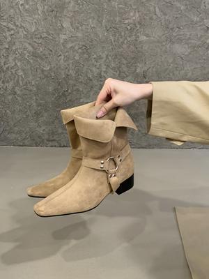 Korean Version of Small Square Head Metal Buckle Thick Heel Short Boots Women's Versatile Fashion Suede Western Boots Medium Boots Short Boots