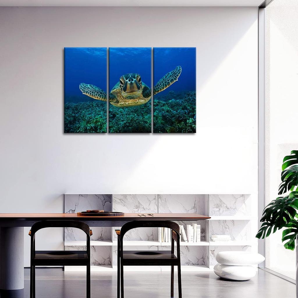 Turtle In the Blue Ocean Canvas Pictures Artwork 3 Panel Marine Life Painting Prints for Bathroom Living Dining Room Kitchen No Frame