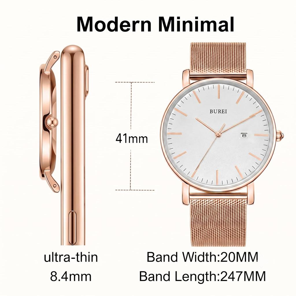 BUREI Japanese Quartz Date Rose Stainless Silver Wristwatch Men's Watch, Movement, Waterproof, Display, Gold, Steel, Simple, Stylish, Business,
