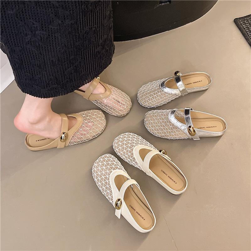 Popular fashion outer wear hollow bag head half slippers women's summer 2025 new versatile flat-bottomed mesh sandals