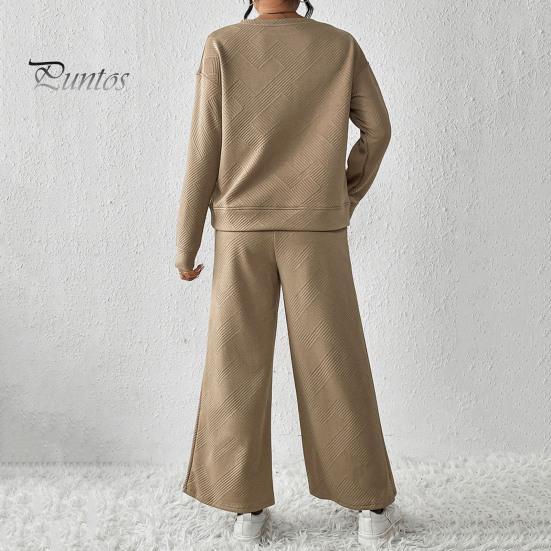 2 Pcs/Set Women Top Pants Suit Round Neck Long Sleeves Textured Solid Color Sweatshirt Elastic Waist Wide Leg Trousers Daily Wear Sport Outfit Fall