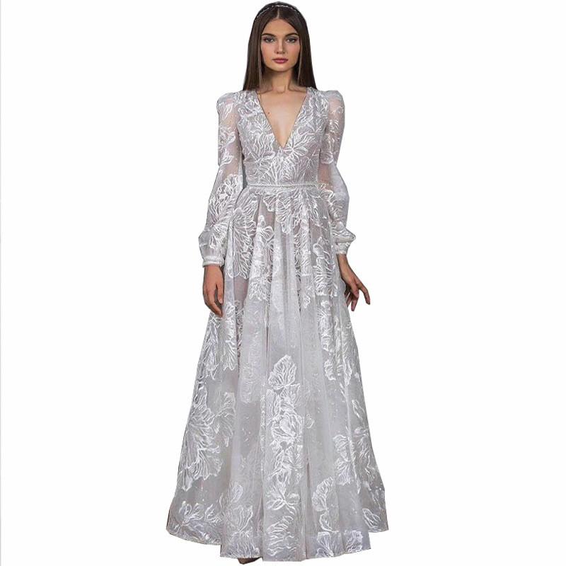 Elegant Lace Embroidered Evening Dress With Beaded Detailing Deep V-Neck Long Sleeve Princess Gown Wedding Party