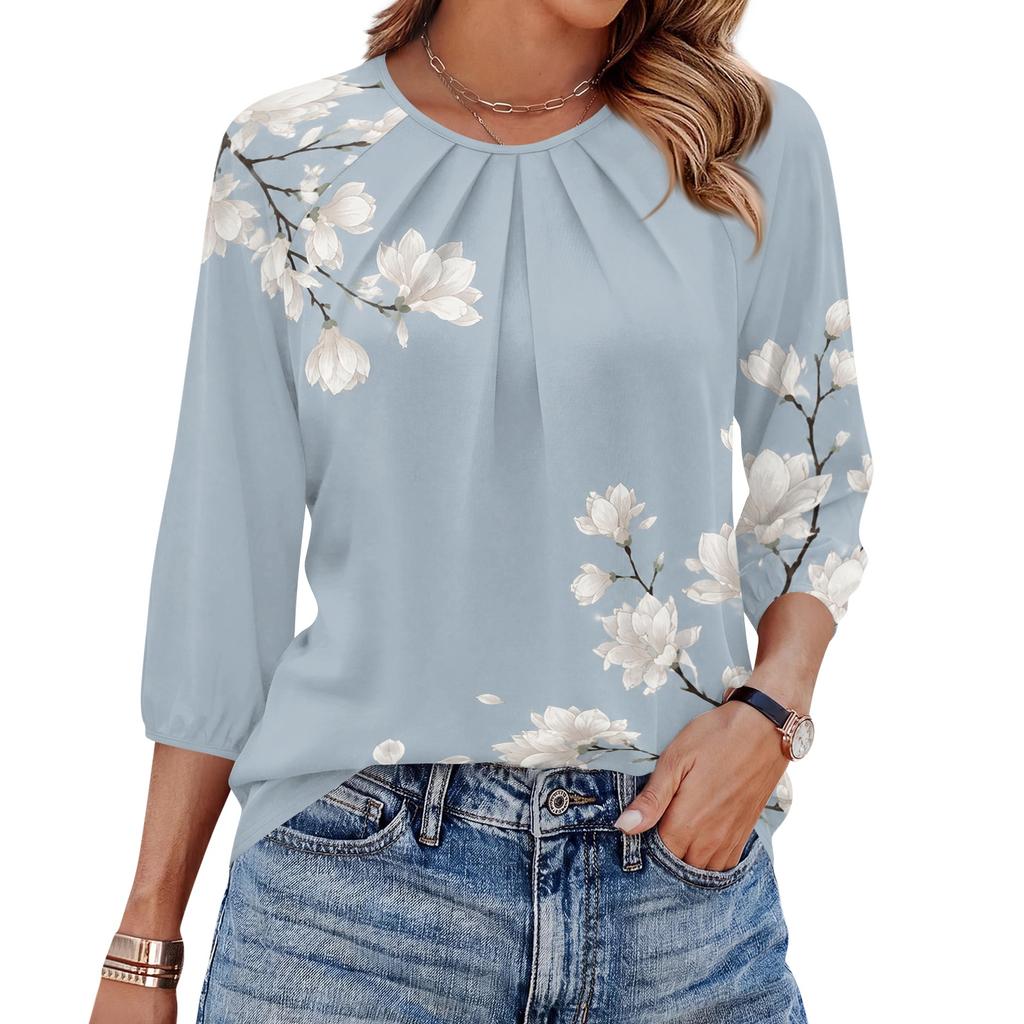 Women's Floral Print 3/4 Sleeve Round Neck Pleated Top Casual Loose Fit Blouse Lightweight Soft Fabric Shirt for Daily Wear