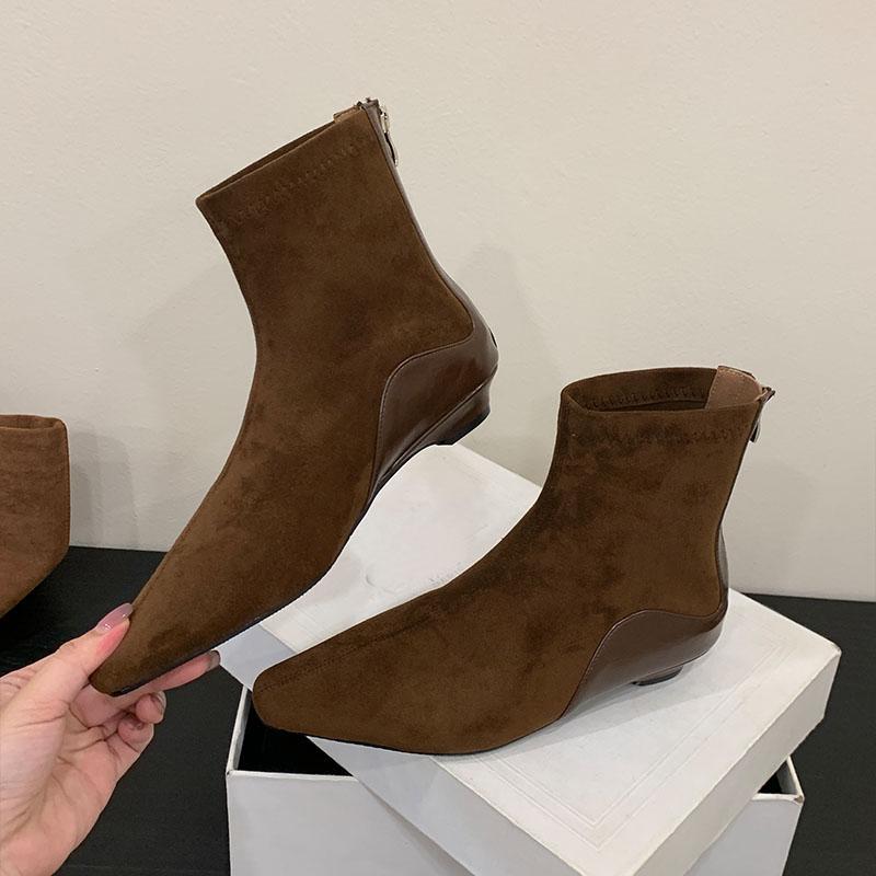 

Модная женская обувь с острым носком, женские ботильоны, современные ботинки на низком каблуке, модные замшевые женские короткие ботинки, обувь на молнии для леди 40