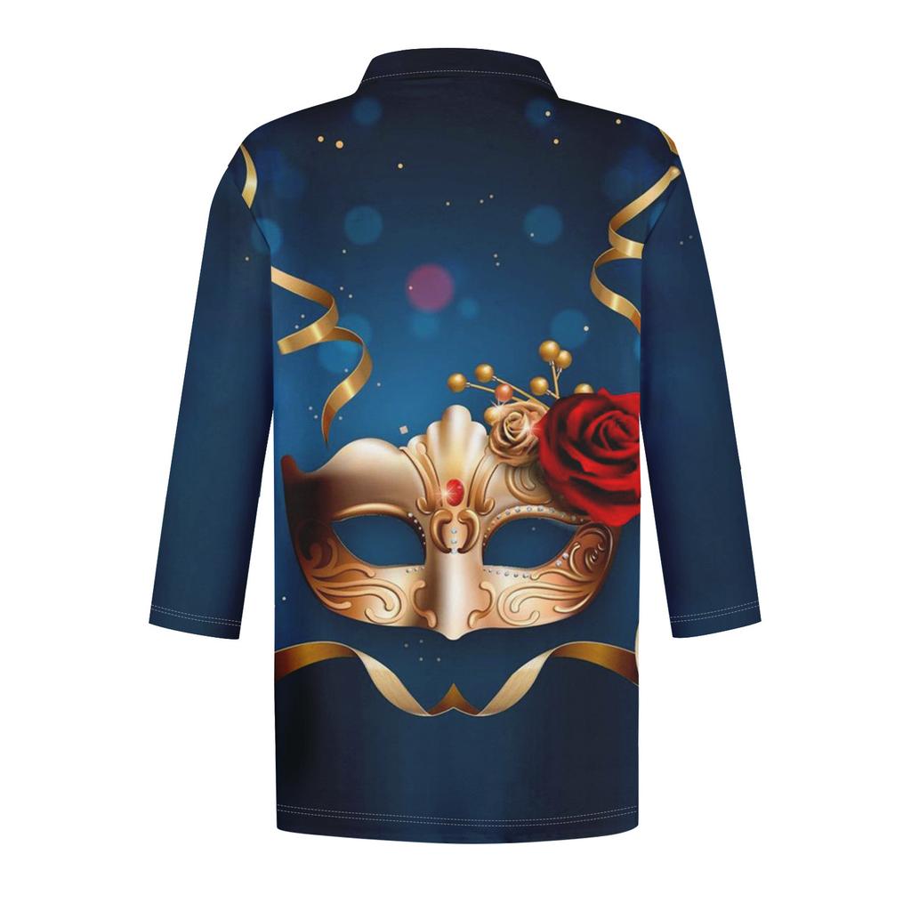 Damenmode Lässiges Revers Kurze 3/4 Ärmel Bedrucktes Hemd Damen Button Up Tops