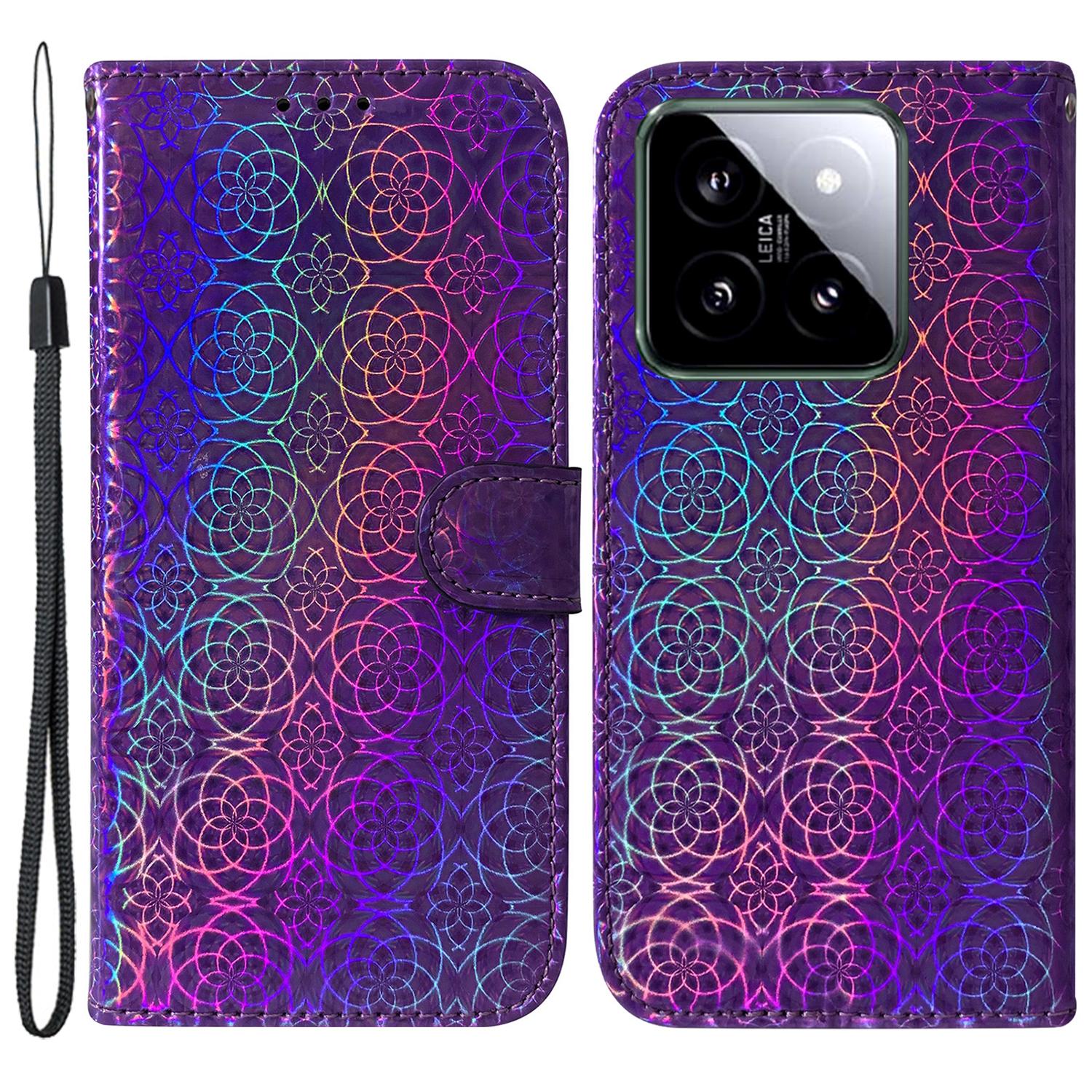 

For Xiaomi 14 Leather Case Dazzling Flower Pattern Phone Cover with Hand Strap E