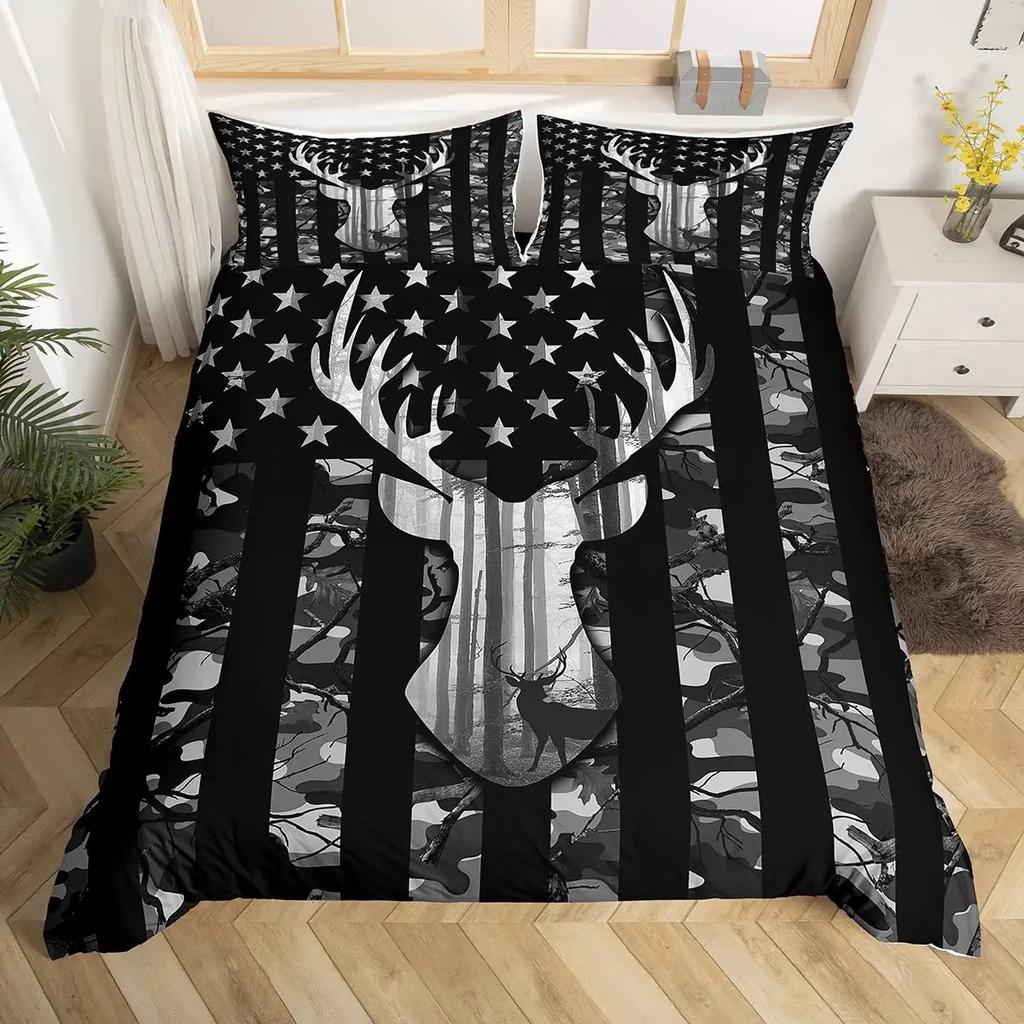Antler King Queen Duvet Cover Whitetail Deer Bedding Set Wild Fawn Quilt Cover Countryside Rural Animal Brown Comforter Cover