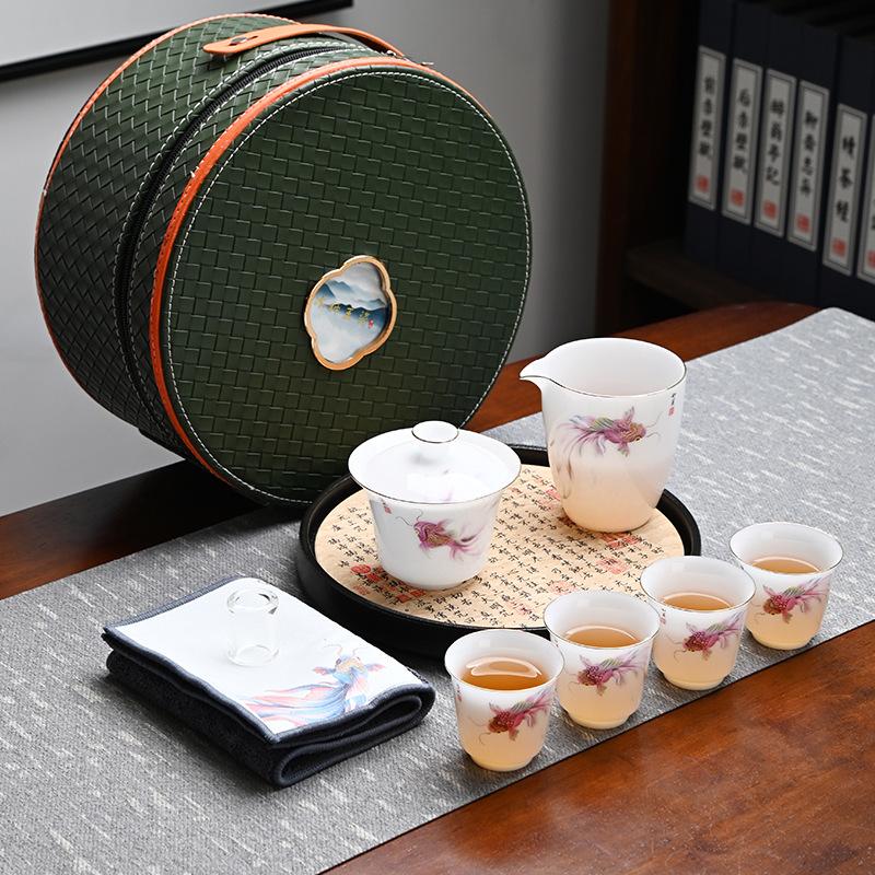 Ice Suet Jade Porcelain Travel Tea Set Outdoor Portable Ceramic Cover Bowl Tea Cup Complete Set Business Souvenir