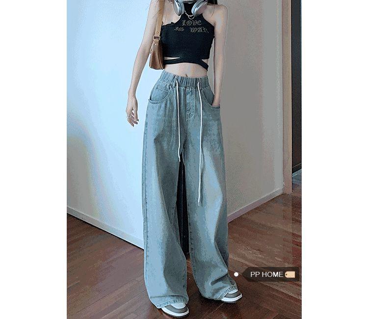 Women's Autumn Wide-Leg Elastic-Waist Jeans: High-Waist, Loose-Fit, Straight-Leg with Drawstring.