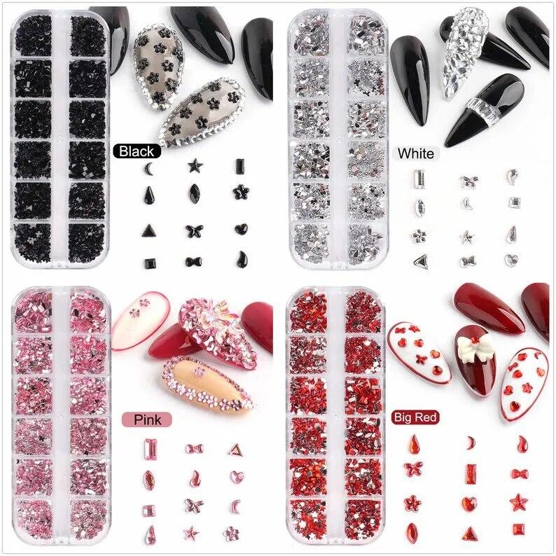 12 Grid Nails Art Rhinestone Kinds of Shapes Stones Resin Glitter 3Dgems DIY Manicure Decoration Nail Supplies for Professionals