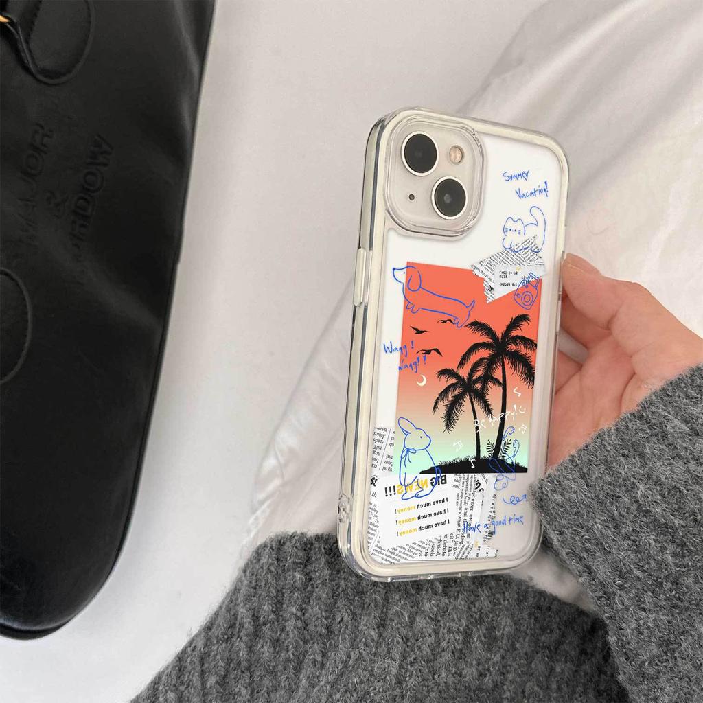 ins niche illustration sunset coconut tree for iPhone16promax Apple 15pro mobile phone case 14 new 13
