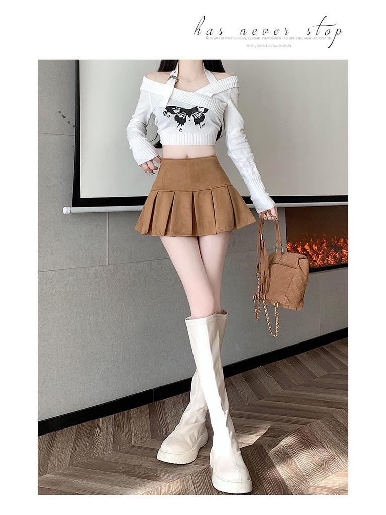 Women's Black Deerskin Velvet High-Waisted Slimming A-Line Mini Skirt with Anti-Exposure Pleats - Autumn/Winter Casual Skirt Pants