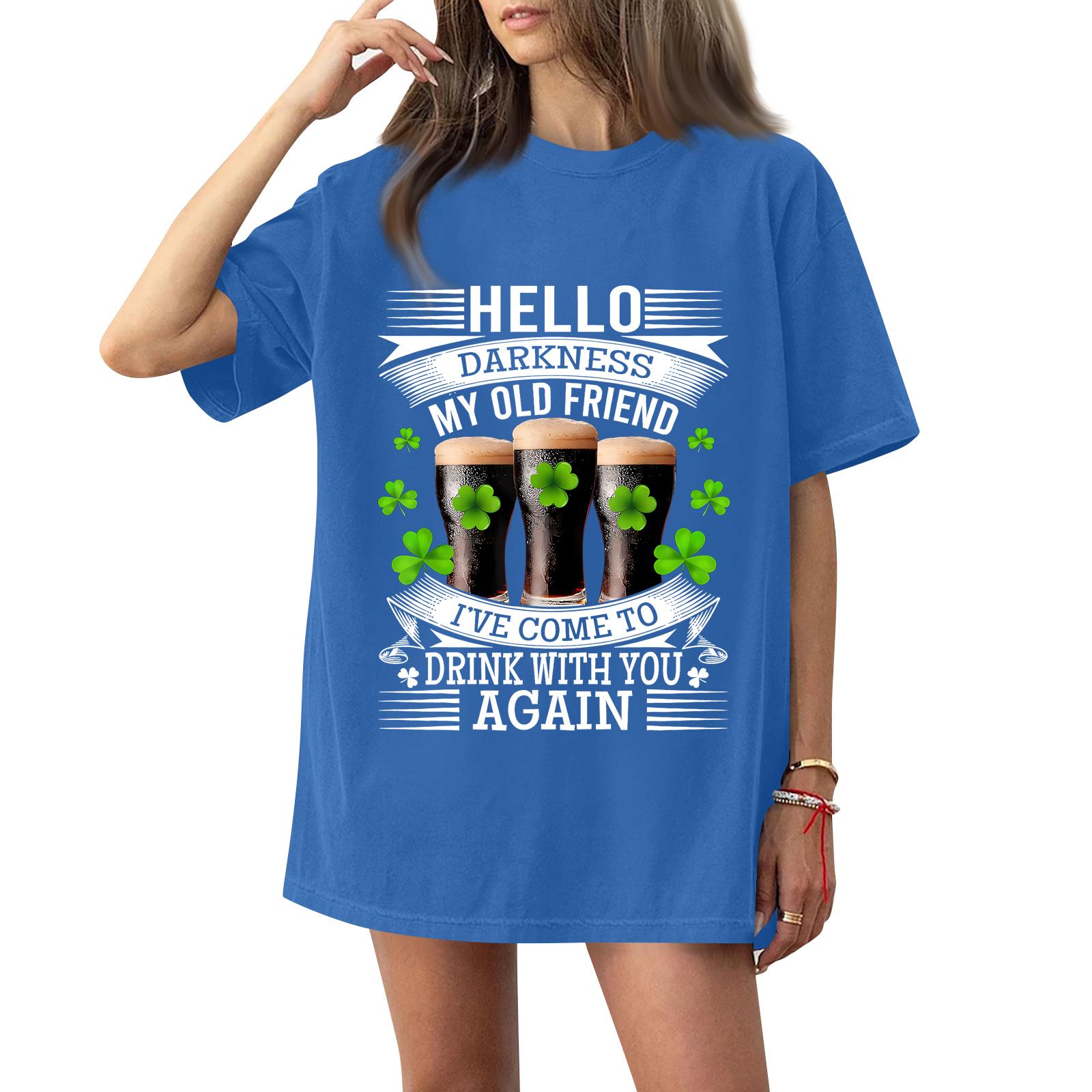 

( Тьма, мой старый друг) Женская Мода Повседневная Короткий Рукав Шея Ст. Печатная рубашка/футболка ко Дню Святого Патрика L синий
